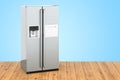 Double door fridge, refrigerator with side-by-side door system on the wooden planks, 3D rendering Royalty Free Stock Photo