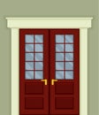 Double Door with Glass Window and Doorknob as Building Entrance Exterior Vector Illustration