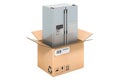 Double door refrigerator inside cardboard box, delivery concept. 3D rendering
