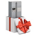 Double Door Refrigerator inside gift box, gift concept. 3D rendering Royalty Free Stock Photo