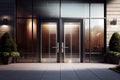 double doors with glass panels and sleek hardware create contemporary entrance to hotel or office building