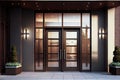 double doors with glass panels and sleek hardware create contemporary entrance to hotel or office building