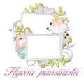 Double easter frame with flowers and sheep in pastel colors, happy easter