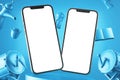 double empty smart phone screen white mockup on floating blue color 3d platform composition creative render ramadan kareem eid Royalty Free Stock Photo