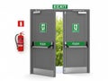 Double exit doors with push bars and fire extinguisher isolated on white background Royalty Free Stock Photo