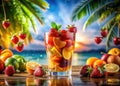 A Double-Exposed Tropical Fruit Punch: A Vibrant and Refreshing Summer Drink, Digitally Created for a Royalty Free Stock Photo