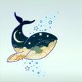 Double exposition of whale on night sky with stars, clouds and moon