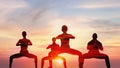 Double exposue background of group of caucasian people having yoga workout outdoors with overlay background of sunset sky