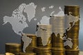 Double exposur step of coin stack in dark room with world map, b Royalty Free Stock Photo