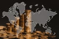 Double exposur step of coin stack in dark room with world map, b Royalty Free Stock Photo