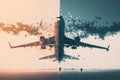 double exposure, aircraft take-off and landing at airport in snow from above, plane flights double exposure