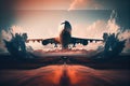 double exposure of airplane landing on runway with clouds and sky in the background