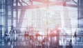 Double exposure of airport, crowd of people passengers walking Royalty Free Stock Photo