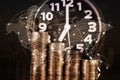 Double exposure of Alarm clock and step of coins stacks, time for savings money, world map, global network business banking