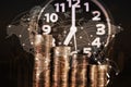 Double exposure of Alarm clock and step of coins stacks, time for savings money, world map, global network business banking Royalty Free Stock Photo