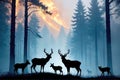 Nature Drama, Superimposed Wild Animals in Forest Fire, AI Generated Royalty Free Stock Photo