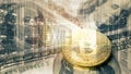 Double exposure background of bitcoin golden coin on us banknote background overlay with computer mainframe room and digital code