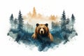 Double exposure bear and wild forest. Beautiful illustration picture. Generative AI Royalty Free Stock Photo