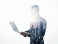 Double exposure bearded businessman wearing black suit and glasses.Banker holding contemporary notebook hands.Work