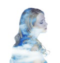 Double exposure of thoughtful woman and blue sky. Concept of inner power Royalty Free Stock Photo