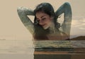 Double exposure of beautiful woman mixed with sunset nature and Royalty Free Stock Photo