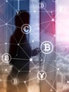 Double exposure Bitcoin and blockchain concept. Digital economy and currency trading. Abstract Cover Design Vertical Format Royalty Free Stock Photo