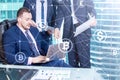 Double exposure Bitcoin and blockchain concept. Digital economy and currency trading Royalty Free Stock Photo