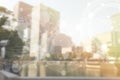 Double exposure of Blurred building and world map for business and financial