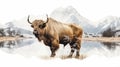 Double exposure of brown Yak and frozen mountain beside the river. Generative AI Royalty Free Stock Photo