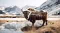 Double exposure of brown Yak and frozen mountain beside the river. Generative AI Royalty Free Stock Photo