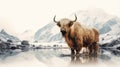 Double exposure of brown Yak and frozen mountain beside the river. Generative AI Royalty Free Stock Photo