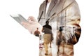 Double exposure of Business Man and Airport Terminal with People Royalty Free Stock Photo