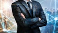 Double exposure of business man folded arms on city night background Royalty Free Stock Photo