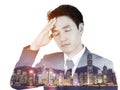 Double exposure of business man having stress against city isol Royalty Free Stock Photo