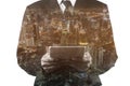 Double exposure of business man holding tablet isolated on white background