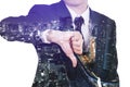 Double exposure of business man showing thumbs down gesture against city isolated on white background Royalty Free Stock Photo