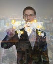 Double exposure of business man touching an imaginary screen Royalty Free Stock Photo