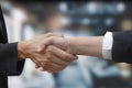 Double exposure of business Partner handshake between a man and a woman on blue sky background, business deal, handshake on modern Royalty Free Stock Photo