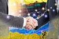 Double exposure Business people shaking hands with Bitcoin Royalty Free Stock Photo