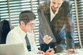 Double exposure of of business team discussing ideas and planning project to investment in overseas Branches Royalty Free Stock Photo