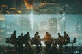 Double exposure of a business team meeting with a vibrant city skyline background, symbolizing global finance and