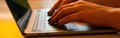 Double exposure of business woman hand working on blank screen laptop computer on wooden desk as concept Royalty Free Stock Photo