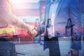 Double Exposure of Businessman and Container Shipping Worker Greeting Handshake Together With Containers Cargo Ship Port Terminal Royalty Free Stock Photo