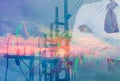 Double exposure - businessman,electric pole, and sky stock graph background,concept of volatility stocks and energy businesses in