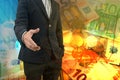 Double exposure of businessman giving his hand for handshake with cityscape and EURO money Royalty Free Stock Photo