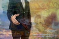 Double exposure of businessman giving his hand for handshake with cityscape and EURO money Royalty Free Stock Photo