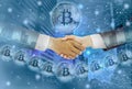 Double exposure-businessman handshake with businesswoman agreed negotiate trading bitcoin,abstract background cityscape,lines and Royalty Free Stock Photo