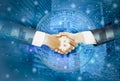 Double exposure-businessman handshake with businesswoman agreed negotiate trading bitcoin,abstract background cityscape,lines and Royalty Free Stock Photo