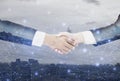 Double exposure-businessman handshake with  businesswoman deal and agree to negotiate mission complete,background cityscape with Royalty Free Stock Photo