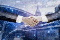 Double exposure-businessman handshake with  businesswoman deal and agree to negotiate mission complete,background cityscape with Royalty Free Stock Photo